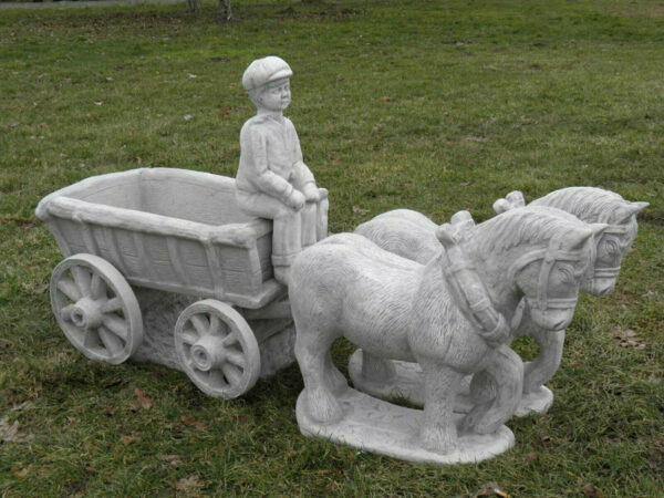 Grosser Blumentopf aus Beton: Pferd mit Wagen, Kutscher, 150cm