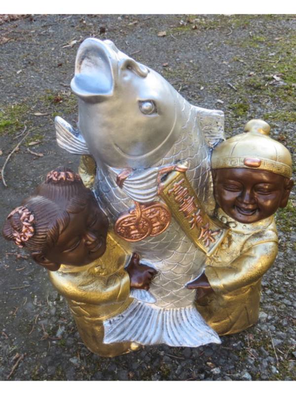 Buddha Figuren Paar mit Koi-Karpfen, 43 cm hoch