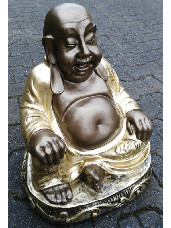 Glücksbuddha für den Garten, sitzt auf Podest, 40 cm hoch