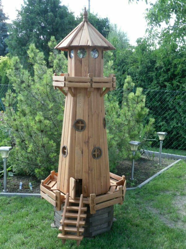 Solarleuchtturm aus Holz für Garten, teakfarben, 175 cm hoch