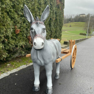 Deko Esel mit Wagen 1-Achser, graues Tier, 180 cm lang 1
