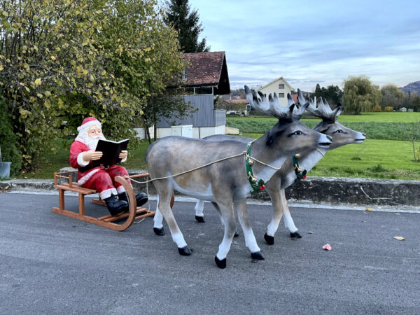 Lesender Weihnachtsmann mit Schlitten und 2 Rentieren, 280cm