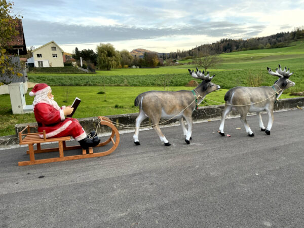 Lesender Weihnachtsmann mit Schlitten und 2 Rentieren, 280cm 8